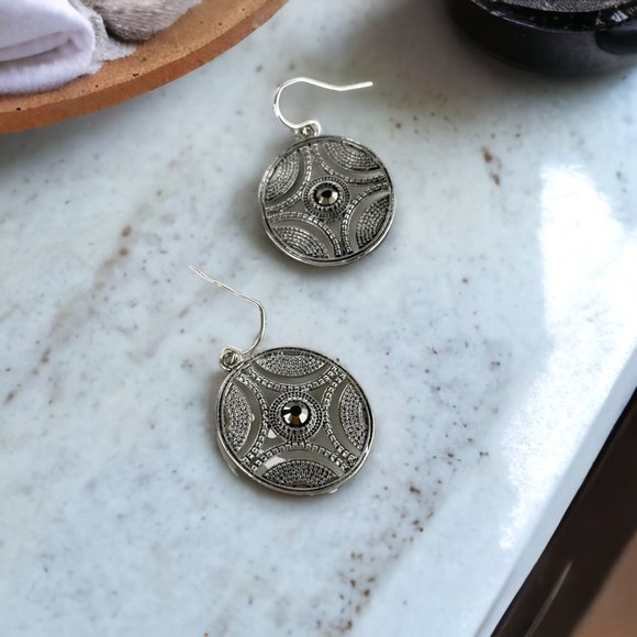 Necklace & Earring Set, Silver Antique, Double Round Pend, Hemi Crystal, 26"-28" - Picture 5 of 10